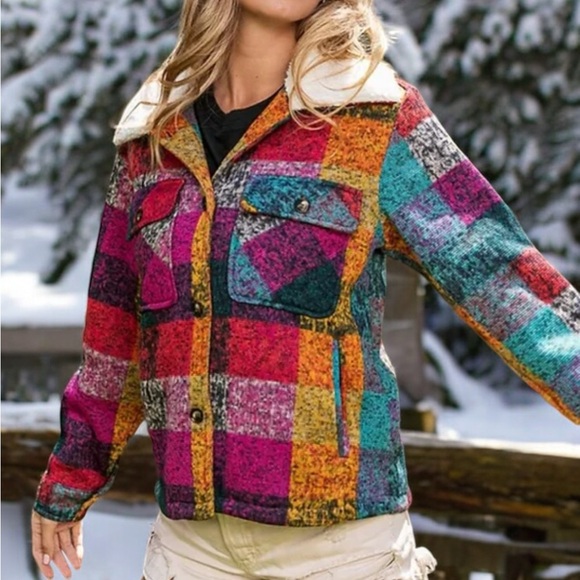 The Molly Vintage Checkered Faux Sherpa Collared Shacket - Picture 2 of 2